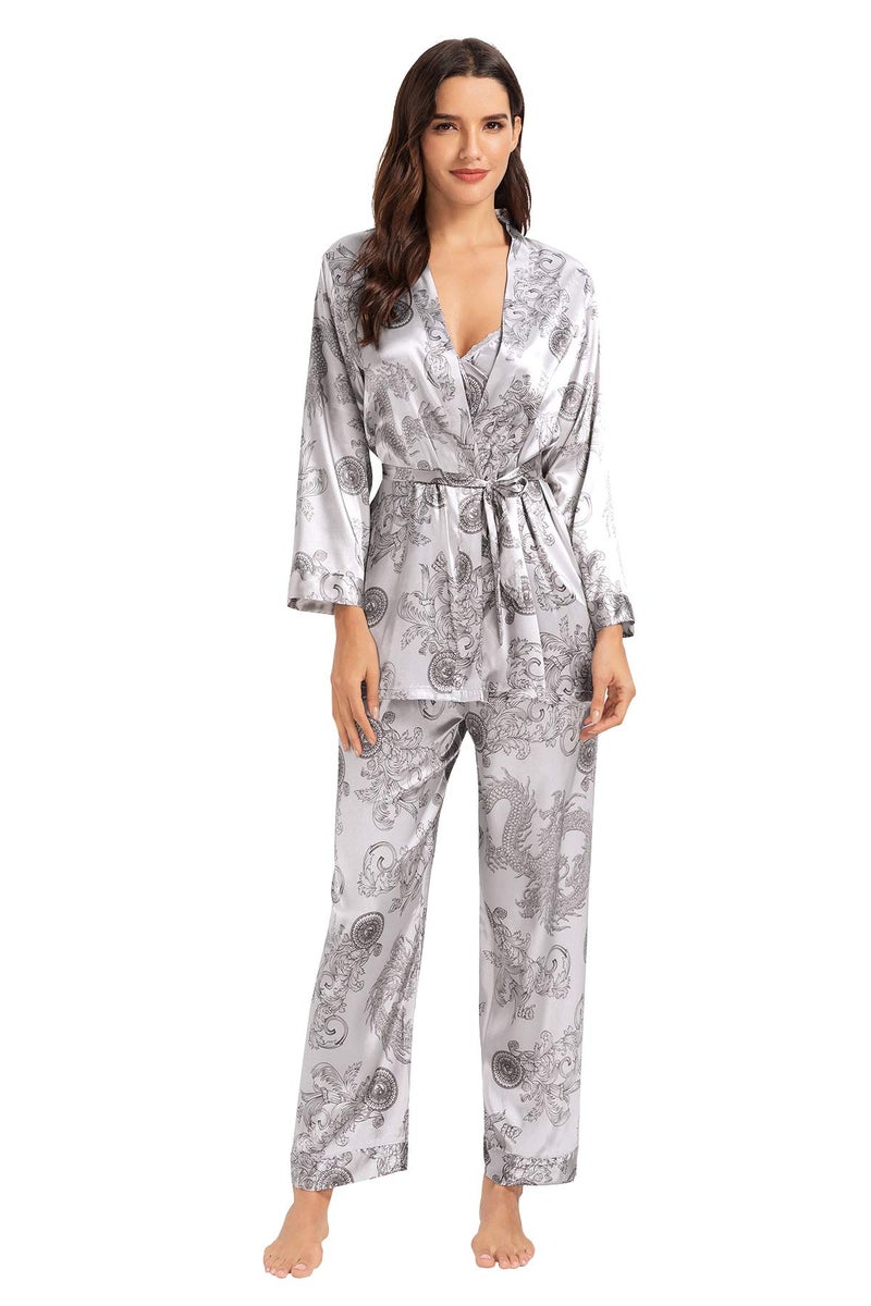 Escalier Women's Silk Satin Pajamas Set 3 Pcs Floral Silky Pj Sets Sleepwear Cami Nightwear with Robe and Pants Grey S - Image 2